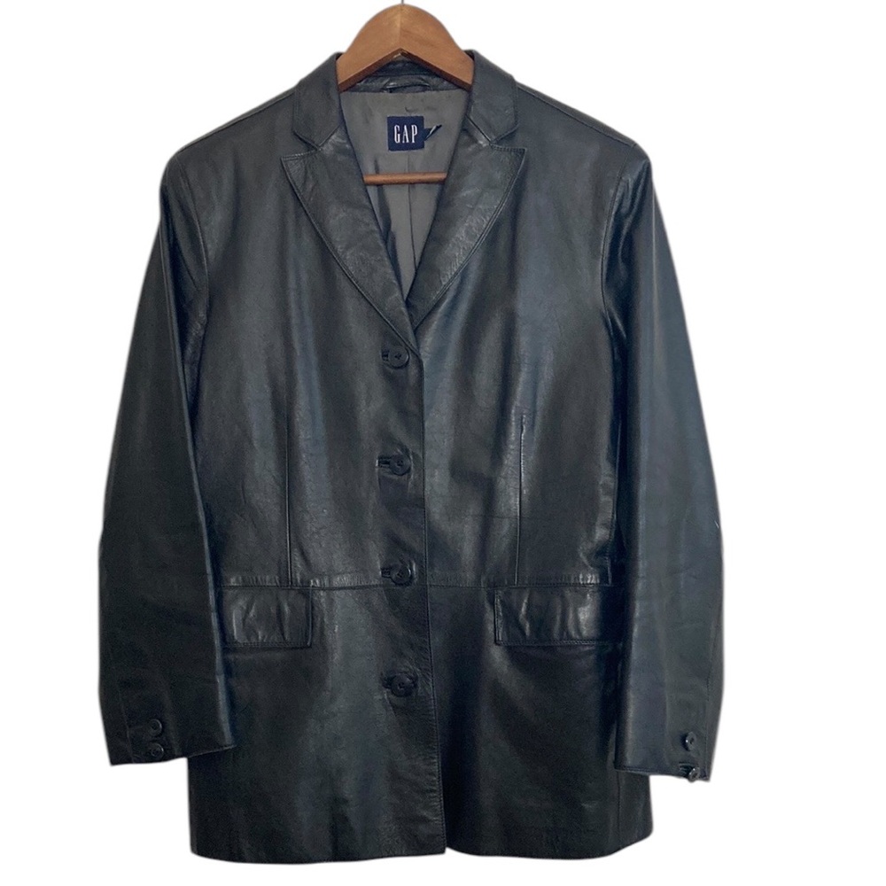 Gap Leather Jacket Womens Medium Black Leather Boyfriend Blazer Classic Y2K 90s